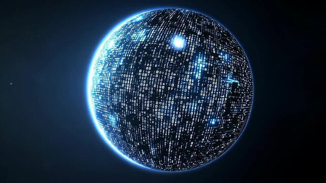 A glowing blue sphere made of binary code against a dark background