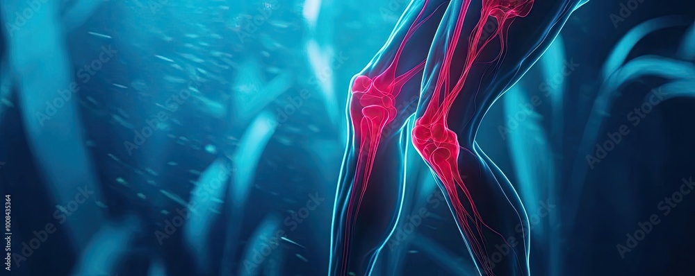 Poster An artistic representation of a knee joint, showcasing vibrant anatomy in a futuristic style with dynamic blue and red colors.