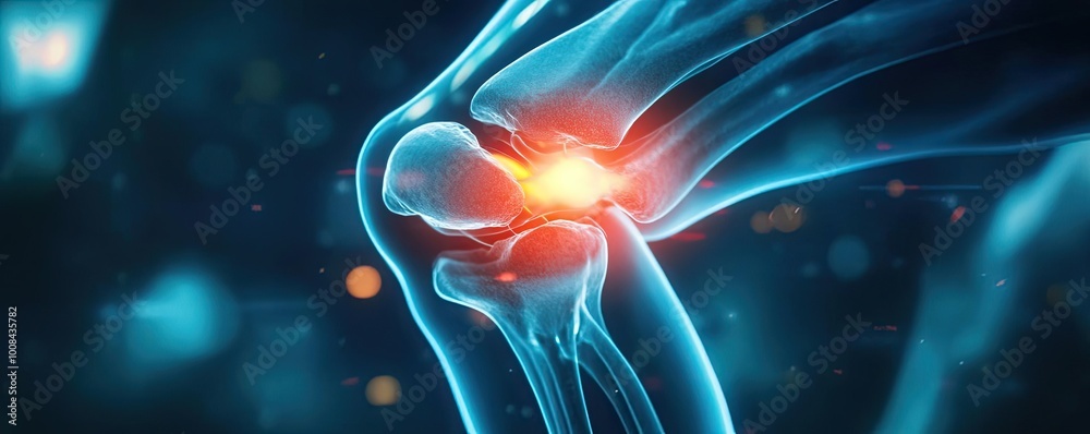 Poster close-up of a knee joint displaying digital inflammation in a futuristic design, symbolizing pain an