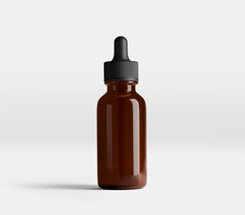 Realistic Brown Glass Dropper Bottle Mockup with Black Cap Isolated on Light Background. 3D rendered, Illustration, Mockup Ready, can be used for Cosmetics, Natural, Beauty, Spa Products.