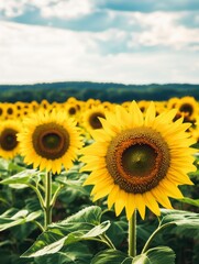 Fototapeta premium Close-up of vibrant yellow sunflowers in a field, with green leaves and a blue sky with white clouds in the background.