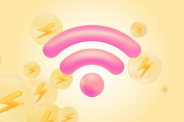 Obraz premium Cute 3D pink wifi icon, wireless free internet zone background. Glowing plastic texture internet network icon for infographics, presentation