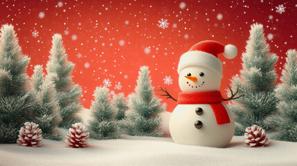 Fototapeta premium Playful snowman in a Christmas-themed winter forest with falling snow