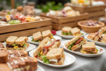 Obraz premium Corporate event morning tea food platters featuring self serve sandwiches salad and bread displayed on plates and wooden boxes