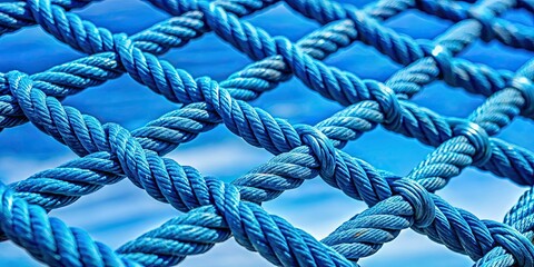 Fototapeta premium A vivid blue rope mesh contrasts beautifully against a serene blue sky, showcasing intricate textures and details in this close-up shot of a vibrant background.