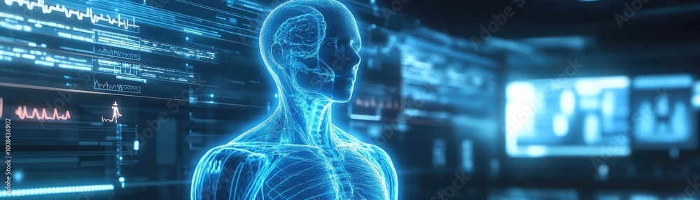 Poster A futuristic holographic skeleton model displayed in a digital environment, representing advanced anatomy and technology.