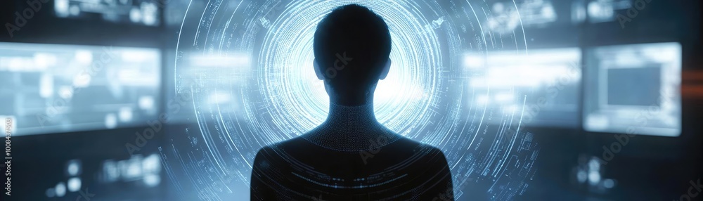 Poster a silhouette of a person against a backdrop of digital screens, representing technology and innovati