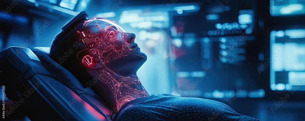 Poster a futuristic scene showcasing a human-like figure with cybernetic enhancements, immersed in technolo