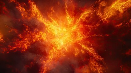 Blazing fire and smoke explosion with glowing red and yellow colors. Intense, vivid flames radiating from a dark center space, creating a powerful and hot effect.