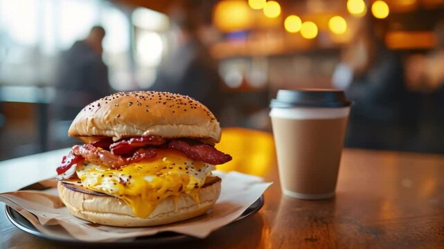 Breakfast sandwich on a bagel with eggs, bacon and cheese, served on a paper plate with a cup of coffee on the side. The atmosphere of the shop is like a morning coffee shop.