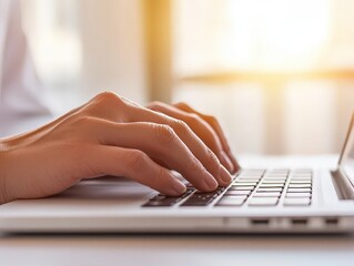A hand typing a response on a feedback form using a laptop, clean, bright workspace with natural light streaming in with space for text