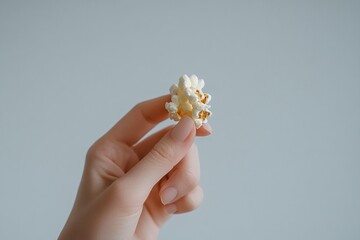 Girl hand showing corn popcorn isolated on grey background.