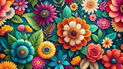 A lively fusion of retro floral patterns in vibrant colors creates an eye-catching background, ideal for modern design