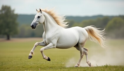 Majestic White Stallion Galloping Through Lush Meadow