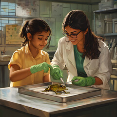 Teacher Guiding Student in Frog Dissection
