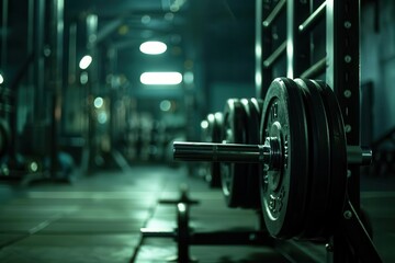 Fototapeta premium Barbell loaded with weight plates, resting on a squat rack in a dimly lit gym, barbell, bodybuilding, power and strength training