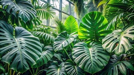 Tropical foliage thrives under a glass ceiling, bathed in natural light