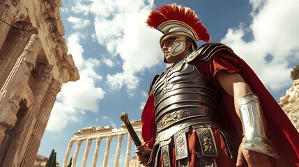 17. Roman centurion in ceremonial armor standing before a temple
