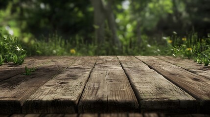 A wooden platform surrounded by lush greenery and soft focus background.