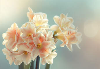 Obraz premium Beautiful pale pink and cream-colored flowers on a dreamy bokeh background. Close up. Floral wallpaper
