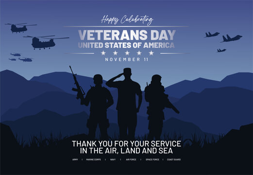 Happy veterans day 11th November 2024 banner. Veteran's day illustration with us army silhouette, helicopter and the beautiful valley background. Vector illustration