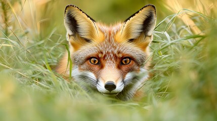 A close-up shot of a curious red fox peering through the tall grass