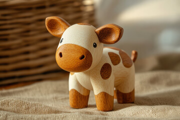 Hand carved wooden toy cow with brown spots standing on a burlap cloth