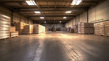 Obraz premium Clean, spacious warehouse showing rows of pallets loaded with products, with empty space between for forklifts to navigate easily.
