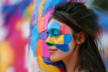 woman with face painted following the pattern of the background wall, colorful, multicolored, horizontal party, joy, happiness,