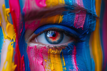 close-up of eye with face painted in various colors, multicolored pupil, horizontal, multicolored,