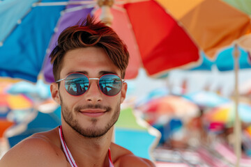 young man with sunglasses on the beach with a multicolored umbrella, portrait, horizontal, happiness, holydays,