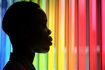 backlight of african person on multicolor background, lgtb, gay, horizontal,