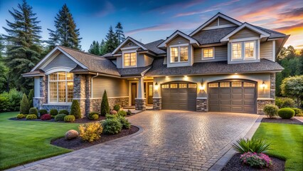 A Two-Story Residence with a Stone Facade, Illuminated by Warm Evening Light, Featuring a Cobblestone Driveway and Lush Landscaping