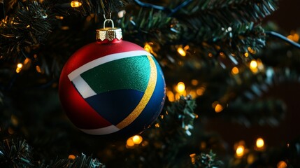 christmas tree decorated with ornaments featuring the colors of the south african flag, festive lights, and vibrant decorations create a joyful atmosphere for the holiday season