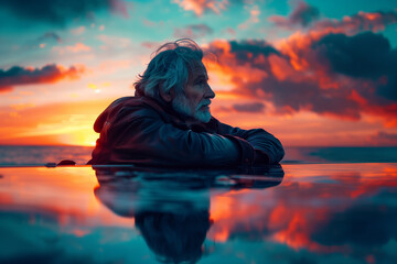 man gazing into infinity with a breathtaking sunset in the background reflecting on the roof of his car.