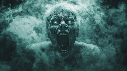  Ghostly apparition rising from the smoke in a spooky and eerie atmosphere with dark and gloomy tones