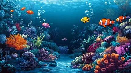 Fototapeta premium Colorful fish swim amongst vibrant coral reefs in a peaceful underwater scene.
