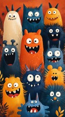 Fototapeta premium Funny monster characters. Monster, cartoon, characters, halloween poster, flyer, advertising. Room for copy space.