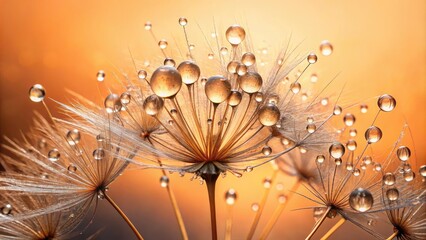 Delicate drops of water cling to dandelion seeds, beautifully contrasting against a soft peach background, creating a serene and captivating scene for nature enthusiasts.