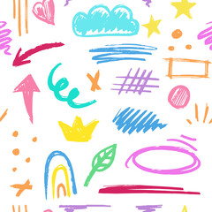 Hand-drawn pencil color brush seamless pattern, brush with crayon effect, chalk texture. Vector illustration in children's style. Crayon brush colored scribble, square, spiral, arrow.