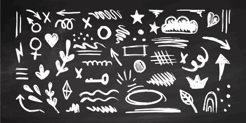 Hand-drawn pencil color brush elements on chalkboard background, brush with crayon effect, chalk texture. Vector illustration in children's style. Crayon brush colored scribble, square, spiral, arrow.