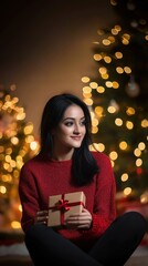 Christmas beautiful woman in her late thirties with black hair wearing red sweater sitting