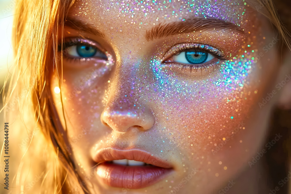 Poster A woman with glitter on her face and blue eyes