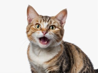 Fototapeta premium A meowing surprised cat isolated on a transparent background in png format, with a funny and excited expression on his face