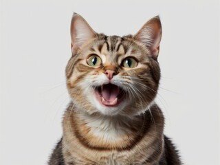 Fototapeta premium A meowing surprised cat isolated on a transparent background in png format, with a funny and excited expression on his face