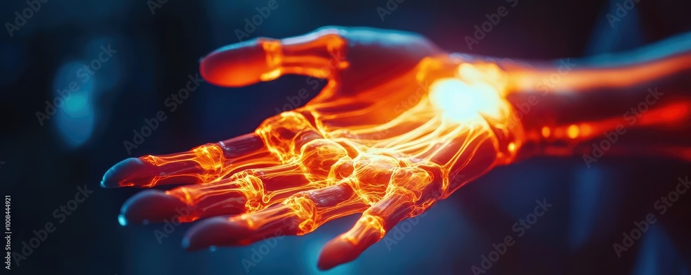 Poster futuristic robotic hand with glowing elements, showcasing advanced technology and innovation in robo