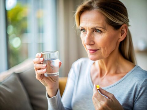 Minimal close up of adult woman taking vitamin pill and holding glass of water at home copy space