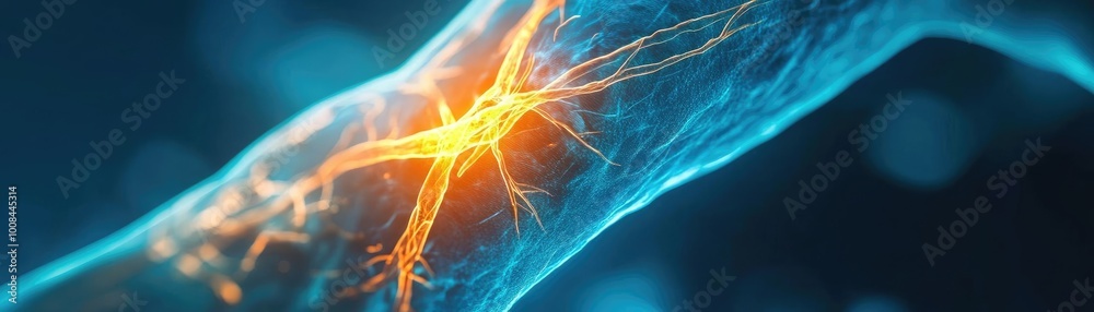 Aufkleber Stunning close-up of a neuron with glowing synapses in vibrant colors, showcasing the complexity of neural connections.