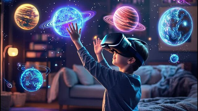 A child in a living room exploring a virtual reality educational program, learning about space with planets and stars displayed in glowing neon around him