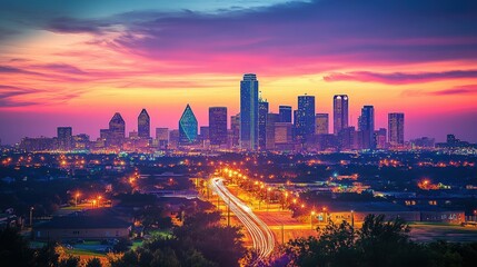 Fototapeta premium Dallas skyline at dusk, with the cityaes tall buildings outlined against a golden sunset, as evening lights begin to twinkle throughout the urban landscape.